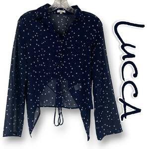 Lucca Star Sheer Cropped Blouse Button Front Navy Blue Back Tie Womens Size XS